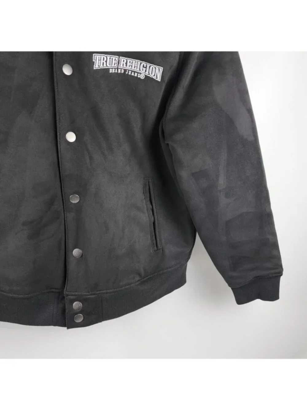 True Religion Jacket Mens Small Jet Black Arch Suede Bomber NWT